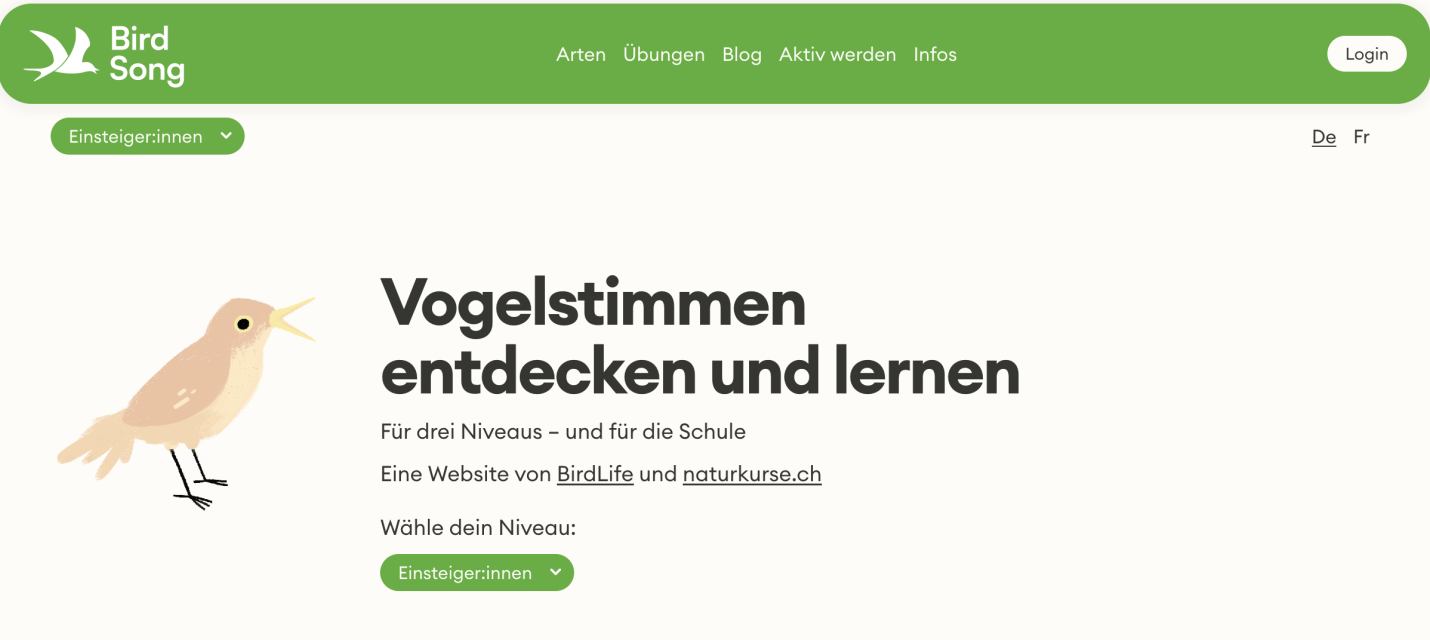 Bird-song Einstiegsseite Desktop